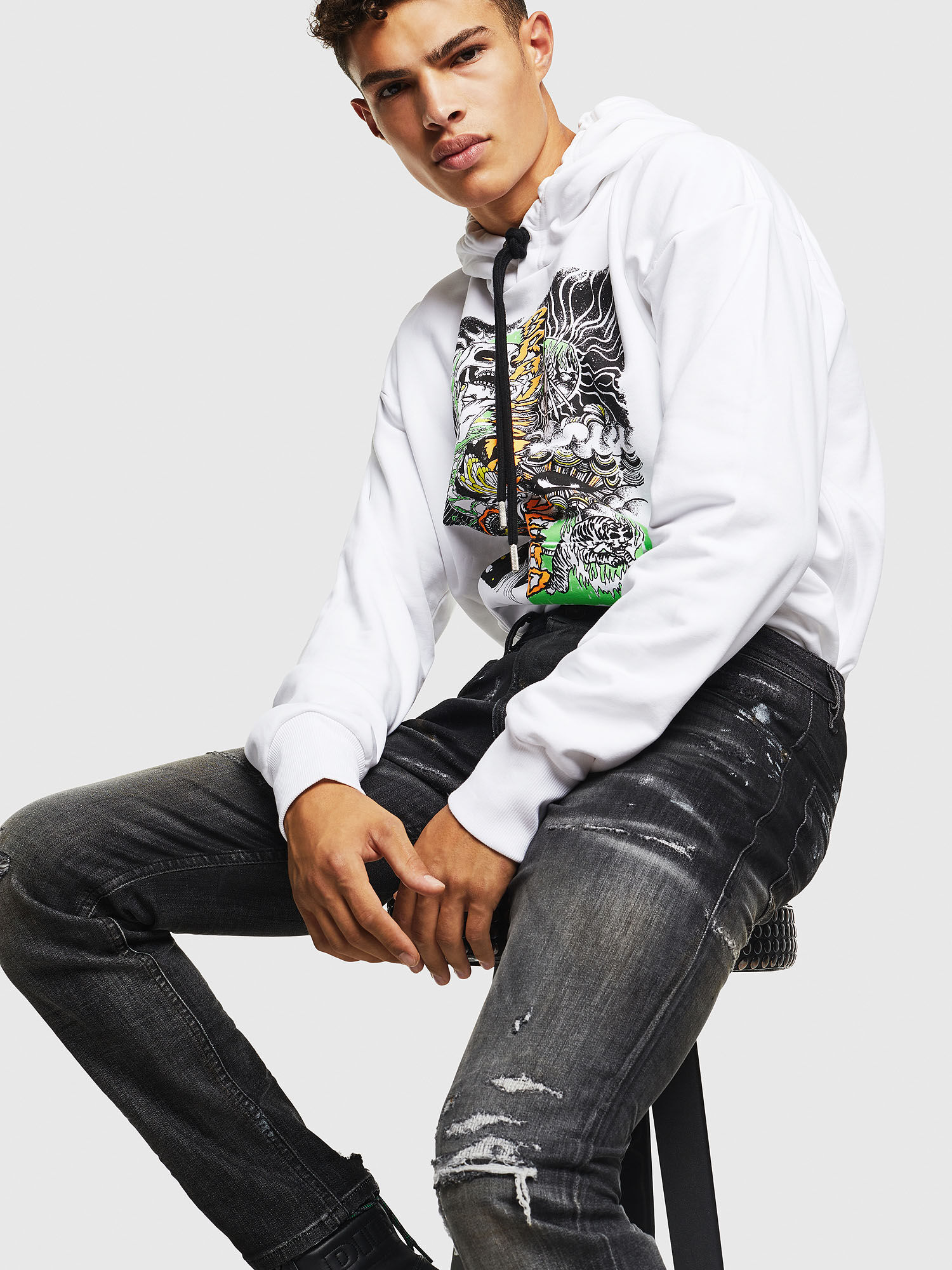 black shirt with grey jeans