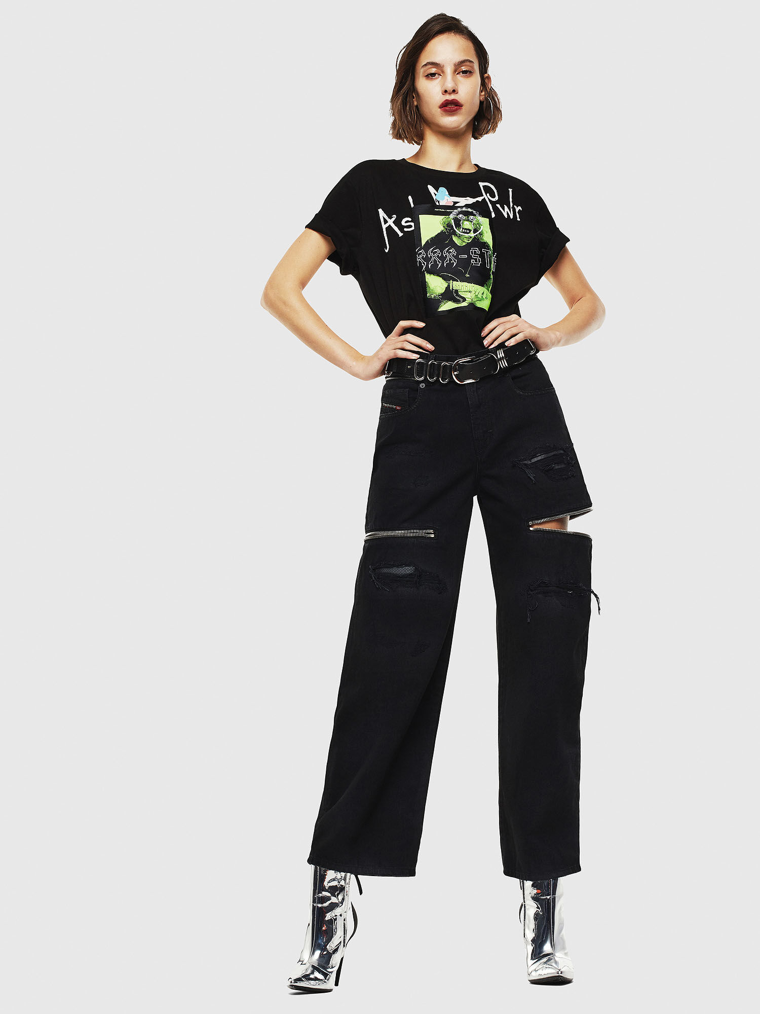 black shirt with grey jeans